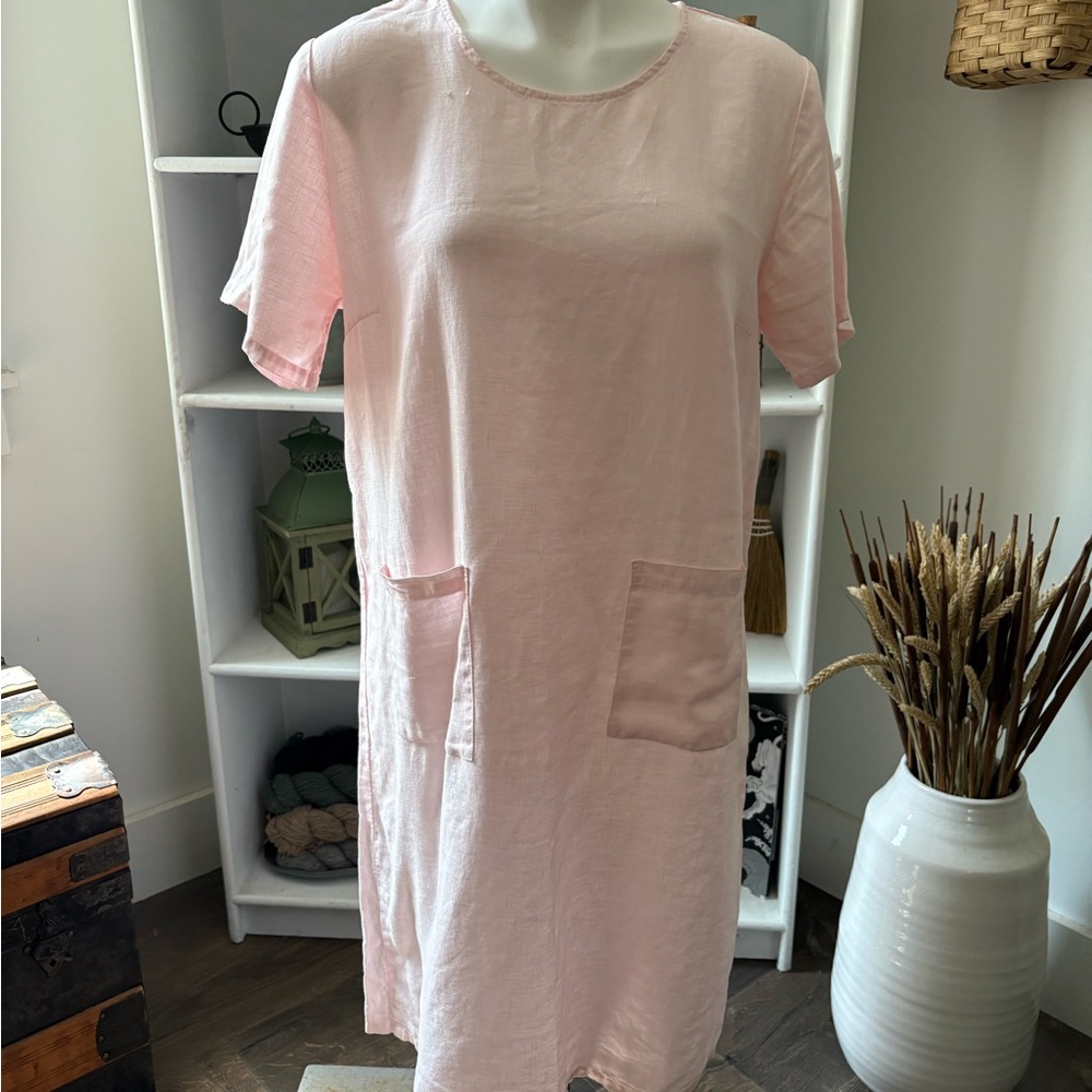 Light Pink Short Sleeve Linen Dress with Pockets